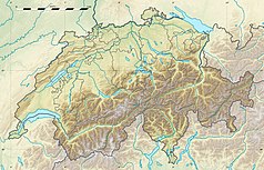 Mapa konturowa Szwajcarii, na dole nieco na lewo znajduje się punkt z opisem „źródło”, natomiast po lewej znajduje się punkt z opisem „ujście”