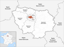 Grafik der Region Île-de-France mit seinen acht Départements, in deren Mitte das Département Paris liegt. Die fünf angrenzenden Regionen sind eingezeichnet. Unten links ist in einem Feld Frankreich mit rot markierter Île-de-France.