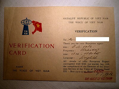 Carte QSL de la Voix du Vietnam, station de radiodiffusion internationale.