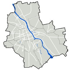 Mapa konturowa Warszawy, na dole znajduje się punkt z opisem „Muzeum Plakatu w Wilanowie”