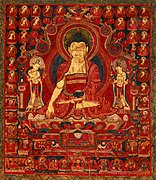 17th century Painting on cloth of of Buddha Shakyamuni as Lord of the Munis with Bodhisatvas in background.