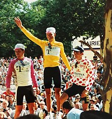 The first three in the General classification: from left: Jan Ullrich, Bjarne Riis and Richard Virenque