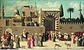 Ignoto artista veneziano, Il ricevimento degli ambasciatori a Damasco, 1511, Louvre. Non si sa se il cervo con le corna in primo piano sia mai esistito allo stato selvatico in Siria.