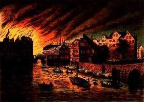 Der Hamburger Brand von 1842 bei der Zollenbrücke. Kolorierte Lithographie von Peter Suhr (1788-1857)