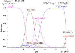 A graph of potential vs. pH showing stability regions of various uranium compounds