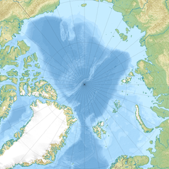 Mapa konturowa Arktyki, blisko dolnej krawiędzi znajduje się czarny trójkącik z opisem „Beerenberg”