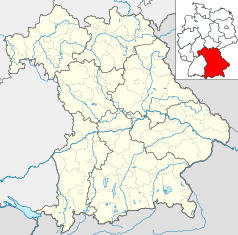Mapa konturowa Bawarii, blisko centrum u góry znajduje się punkt z opisem „Fürth”