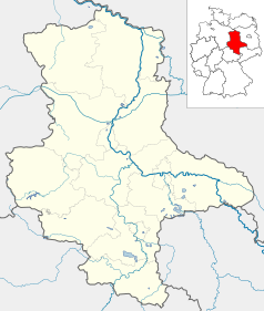 Mapa konturowa Saksonii-Anhaltu, po lewej znajduje się punkt z opisem „Kolegiata św. Serwacego w Quedlinburgu”