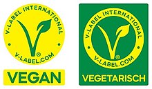 links: V-Label mit der Unterschrift vegan, rechts: V-Label mit der Unterschrift vegetarisch