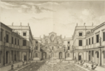 Perspektiv av norra trädgården, från huvudbyggnaden mot fondbyggnaden. Nicodemus Tessin (1700).