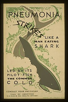 Un afiş cu un rechin în mijloc, pe care scrie „Pneumonia loveşte ca un rechin mâncător de oameni condus de peştele pilot numit guturai”