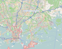 Mapa konturowa Helsinek, po lewej nieco na dole znajduje się punkt z opisem „Stadion Olimpijski w Helsinkach”