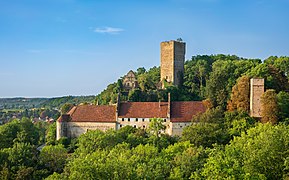 Le château d'Ehrenberg vu du nord. La tour, avec un arbre au sommet, est un bergfried. Attenante, la basse-cour (fortification). Sur la gauche, la vallée de la rivière Neckar. Au milieu les toits de Heinsheim, un quartier de Bad Rappenau. À l'arrière plan, la ville de Bad Wimpfen. Aout 2020.