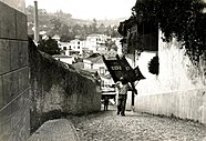 Mozos de "carro de cesto" en las empinadas calles de Funchal, Madeira, hacia 1930.