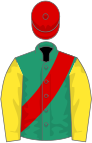 Emerald green, red sash, yellow sleeves, red cap