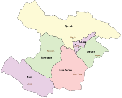 Location of Abyek County in Qazvin province (right, green)