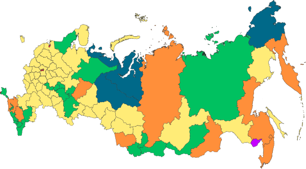 Kategorie subjektů (po anexi Krymu):      Republiky (21+1)      Kraje (9)      Oblasti (46)      Federální města (2+1)      Autonomní oblast (1)      Autonomní okruhy (4)