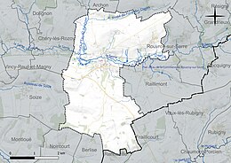 Carte en couleur présentant le réseau hydrographique de la commune