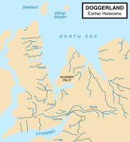 Zemljovid koji prikazuje hipotetski opseg Doggerlanda (oko 8000. pr. Kr.), koji je činio kopneni most između Velike Britanije i kontinentalne Europe.