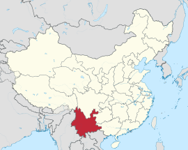 Yunnans läge i Kina.