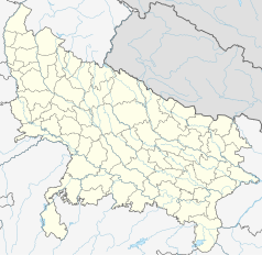 Mapa konturowa Uttar Pradesh, blisko centrum na dole znajduje się punkt z opisem „Kanpur”