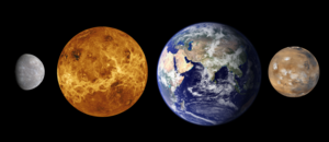 Perbandingan ukuran Merkurius, Venus, Bumi, dan Mars.