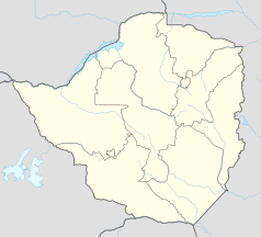 Mapa konturowa Zimbabwe, po prawej nieco u góry znajduje się punkt z opisem „Harare”