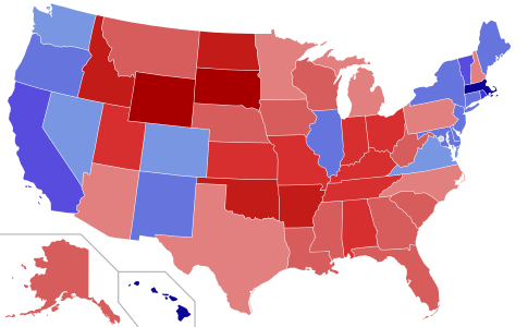 Upper house seats by party holding majority in each state Republican  50–60% 