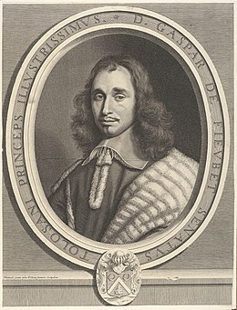 Portrait sépia dans un médaillon ovale d'un homme moustachu aux cheveux longs. Légende autour du médaillon : Tolosani princeps illustrissimus D. Gaspar de Fieubet Senatus