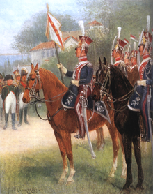 Groupe de lanciers avec au centre le porte-étendard et au fond, Napoléon.