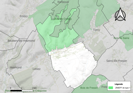 Carte des ZNIEFF de type 1 sur la commune.