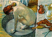 Degas' De tobbe (1886), met veel aandacht voor belijningen. Geëxposeerd tijdens de achtste tentoonstelling
