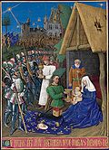『三賢者の礼拝』（1460年以前） 『エティエンヌ・シュヴァリエの時祷書』のミニアチュール。東方の三賢者に仮託して、フランス王シャルル7世、子息ルイ、シャルルの三名の肖像が描かれているといわれている。