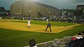 View of the infield in May 2007, with the Portland Exposition Center in the background. Pitching is Clay Buchholz