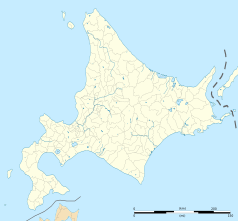 Mapa konturowa Hokkaido, blisko centrum u góry znajduje się punkt z opisem „Kenbuchi”