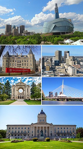 No topo: panorama de Winnipeg com o Museu Canadense dos Direitos Humanos. Abaixo: a Universidade de Winnipeg, centro de Winnipeg, Catedral de São Bonifácio, ponte Esplanade Riel, e o Edifício Legislativo de Manitoba.
