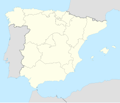 Mapa konturowa Hiszpanii, u góry po prawej znajduje się punkt z opisem „Muntanyola”