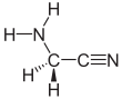 Stereo, skeletal formula of aminoacetonitrile with all implicit carbons shown, and all explicit hydrogens added