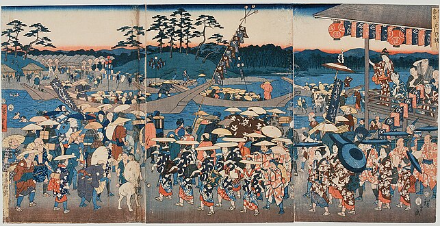 A boarding place for a ferry on the Miya River, which is crowded with people visiting Ise Grand Shrine. By Hiroshige