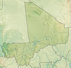 Mapa konturowa Mali, na dole nieco na lewo znajduje się punkt z opisem „źródło”, natomiast blisko centrum na dole znajduje się punkt z opisem „ujście”