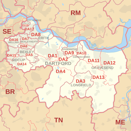 DA postcode area map, showing postcode districts, post towns and neighbouring postcode areas.