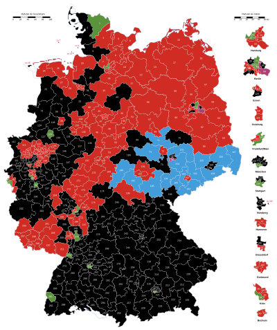 Erststimmenergebnisse (in den Wahlkreisen direkt gewählte Kandidaten) ﻿CDU/CSU: 98/45 ﻿SPD: 121 ﻿LINKE: 3 ﻿AfD: 16 ﻿Grüne: 16