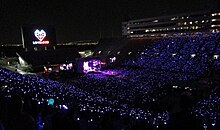 Concert crowd wearing glowing PixMob wristbands, creating a synchronized light show in a dark stadium
