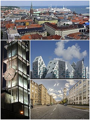 Dari atas dan kiri ke kanan: pemandangan kota Aarhus, Balai Kota Aarhus, Isbjerget, Park Allé