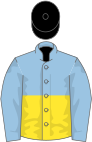Light blue and yellow (halved horizontally), light blue sleeves, black cap