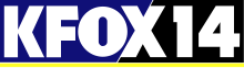 Bold sans serif lettering "KFOX 14", with the "FOX" being the same letters as the Fox network logo, on a background split between blue and black with a yellow line below.