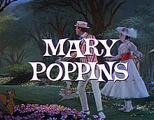 Image en couleur représentant deux personnages réels sur un fond dessiné, avec en sur-incrustation le titre du film "Mary Poppins"