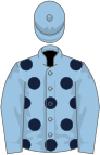 Light blue, dark blue spots, light blue sleeves, light blue cap