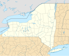Mapa konturowa stanu Nowy Jork, blisko dolnej krawiędzi po prawej znajduje się punkt z opisem „Brooklyn Museum”