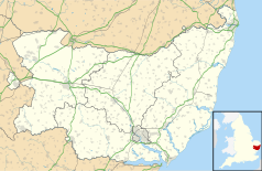 Mapa konturowa Suffolk, na dole nieco na lewo znajduje się punkt z opisem „Wicker Street Green”